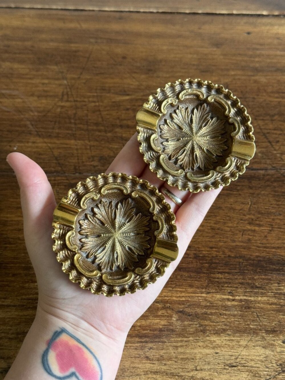 Two Heavy Ornate Brass Personal Sized Ashtrays